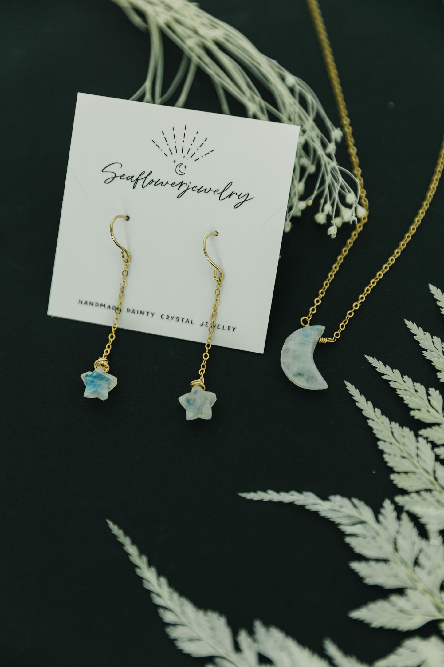 Crystal Moonstone Necklace with Crescent Moon Pendant and Star Moonstone Earrings