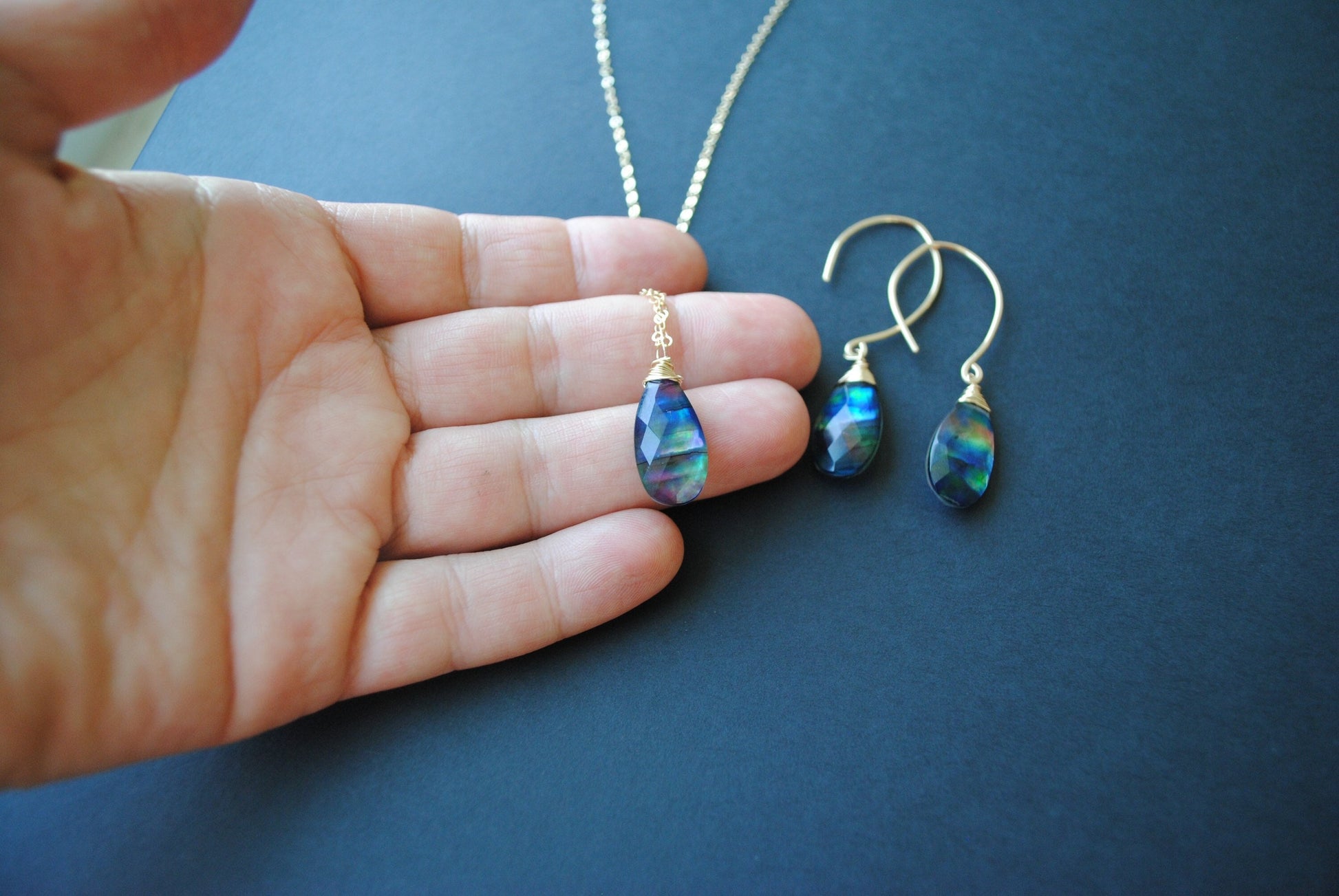 Ammolite Crystal Necklace Earrings Set, Rainbow Gemstone Jewelry